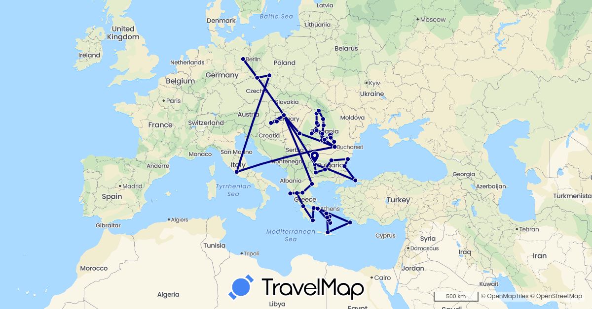 TravelMap itinerary: driving in Bulgaria, Germany, Greece, Hungary, Italy, Poland, Romania, Turkey (Asia, Europe)